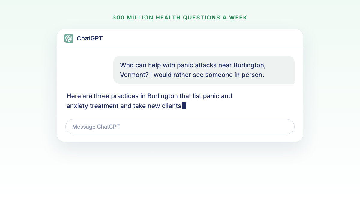 A ChatGPT window asking who can help with panic attacks near Burlington, Vermont