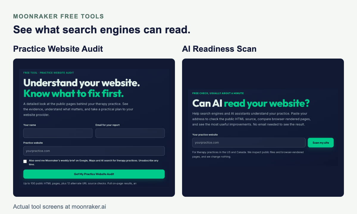 Actual Practice Website Audit and AI Readiness Scan screens displayed side by side.