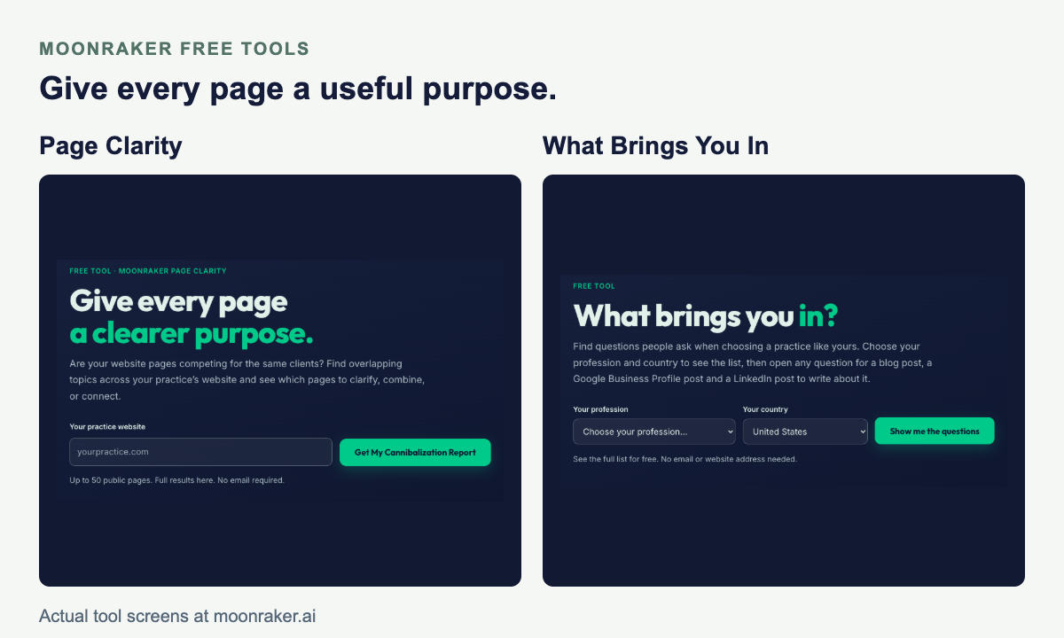 Actual Page Clarity and What Brings You In screens displayed side by side.
