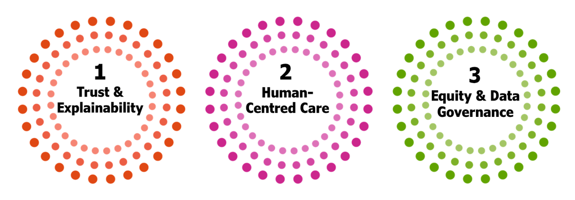 The three official CCSA themes: Trust and Explainability, Human-Centred Care, and Equity and Data Governance.