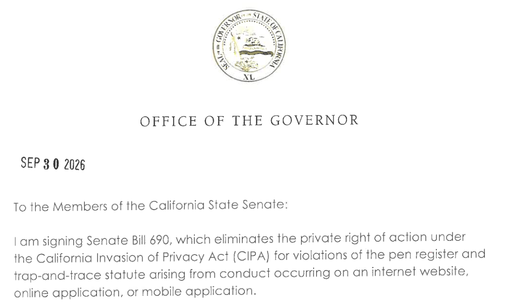 The California Governor's September 30 signing notice for SB 690, showing the narrow website and app lawsuit provision.