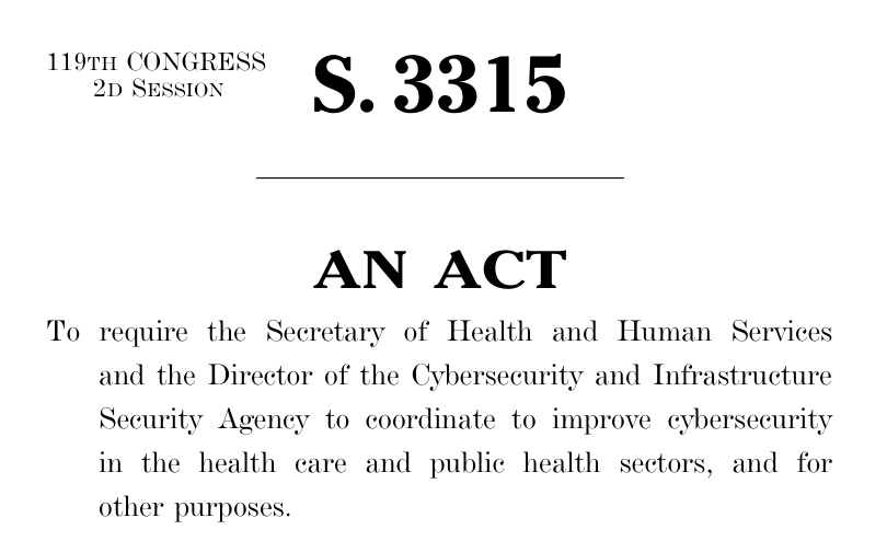 The first page of the Senate-passed S.3315 text, identifying its healthcare cybersecurity coordination purpose; this is a bill, not an enacted-law certificate.