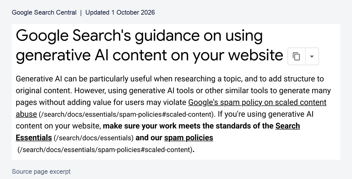 Excerpt from Google's actual Search Central guidance on using generative AI content, showing its title and opening paragraph; updated October 1, 2026.