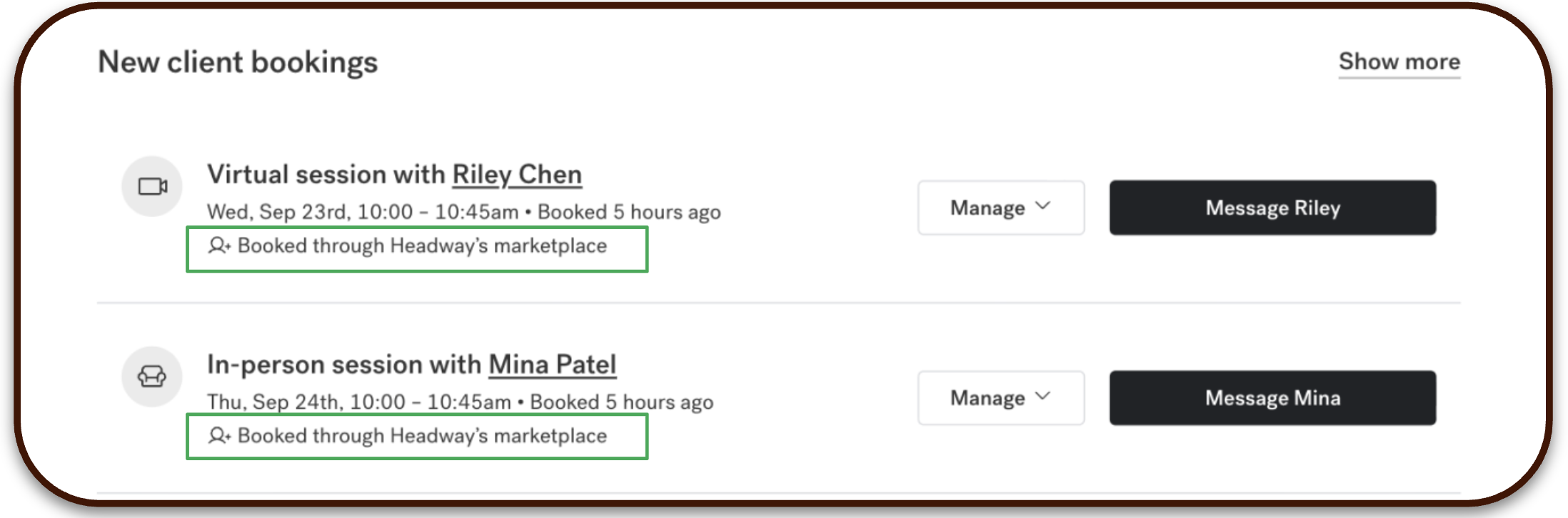 Headway's public help-centre example highlighting marketplace-sourced bookings; demonstration names and appointments, not Moonraker client information.