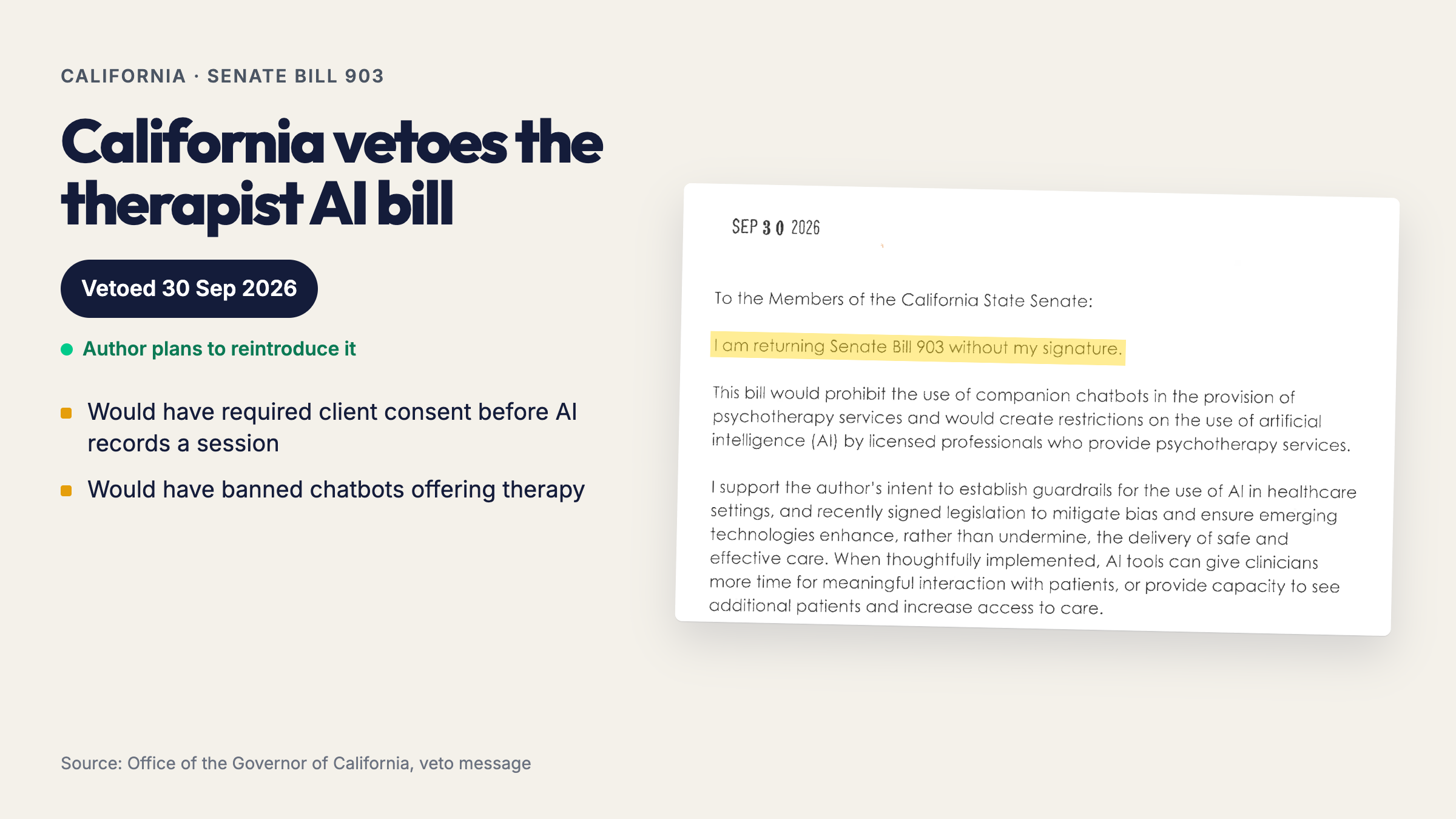 The California governor's signed veto message for Senate Bill 903, dated 30 September 2026.