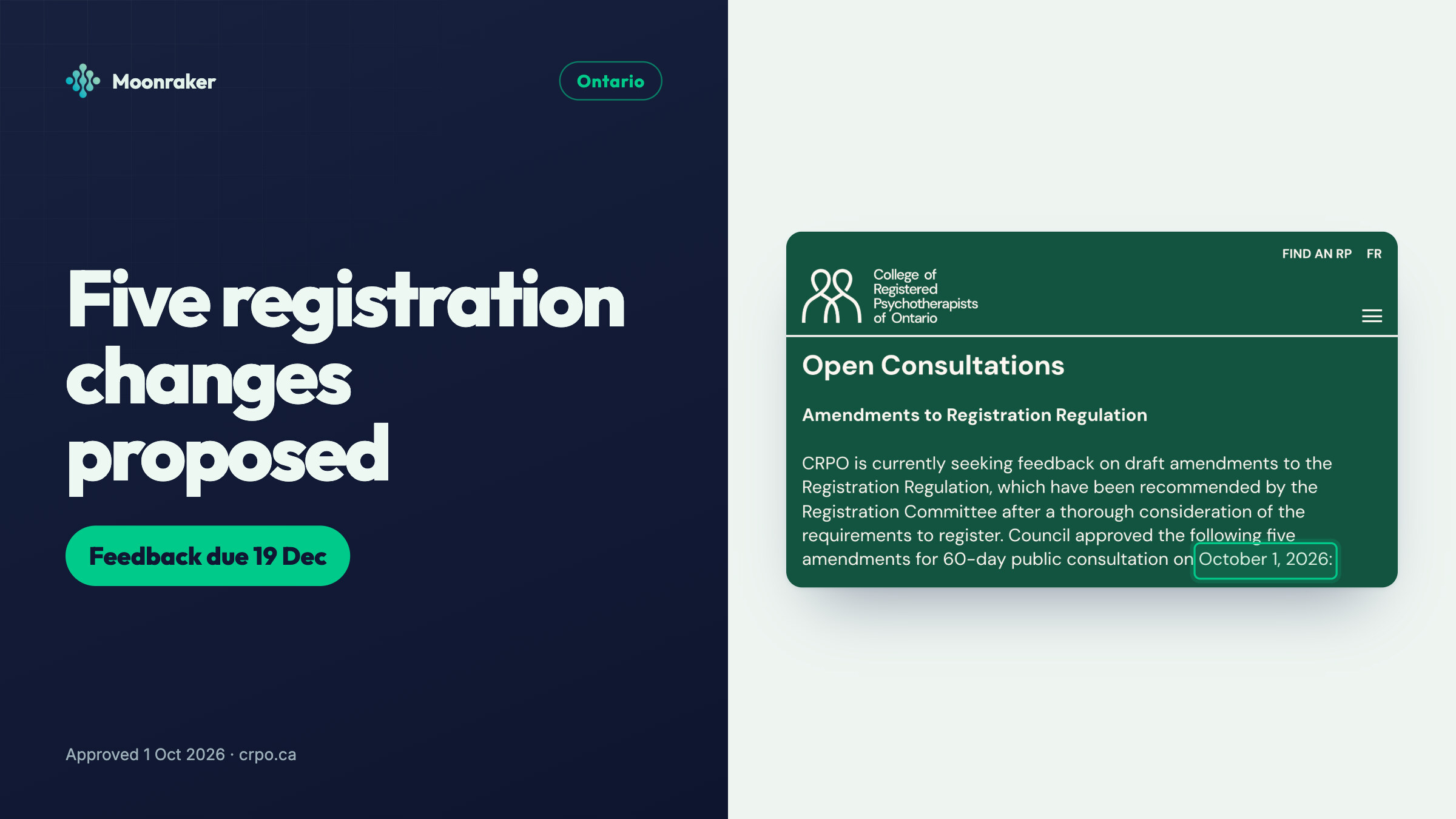 CRPO open consultation on amendments to the Registration Regulation, approved 1 October 2026, feedback due 19 December 2026.