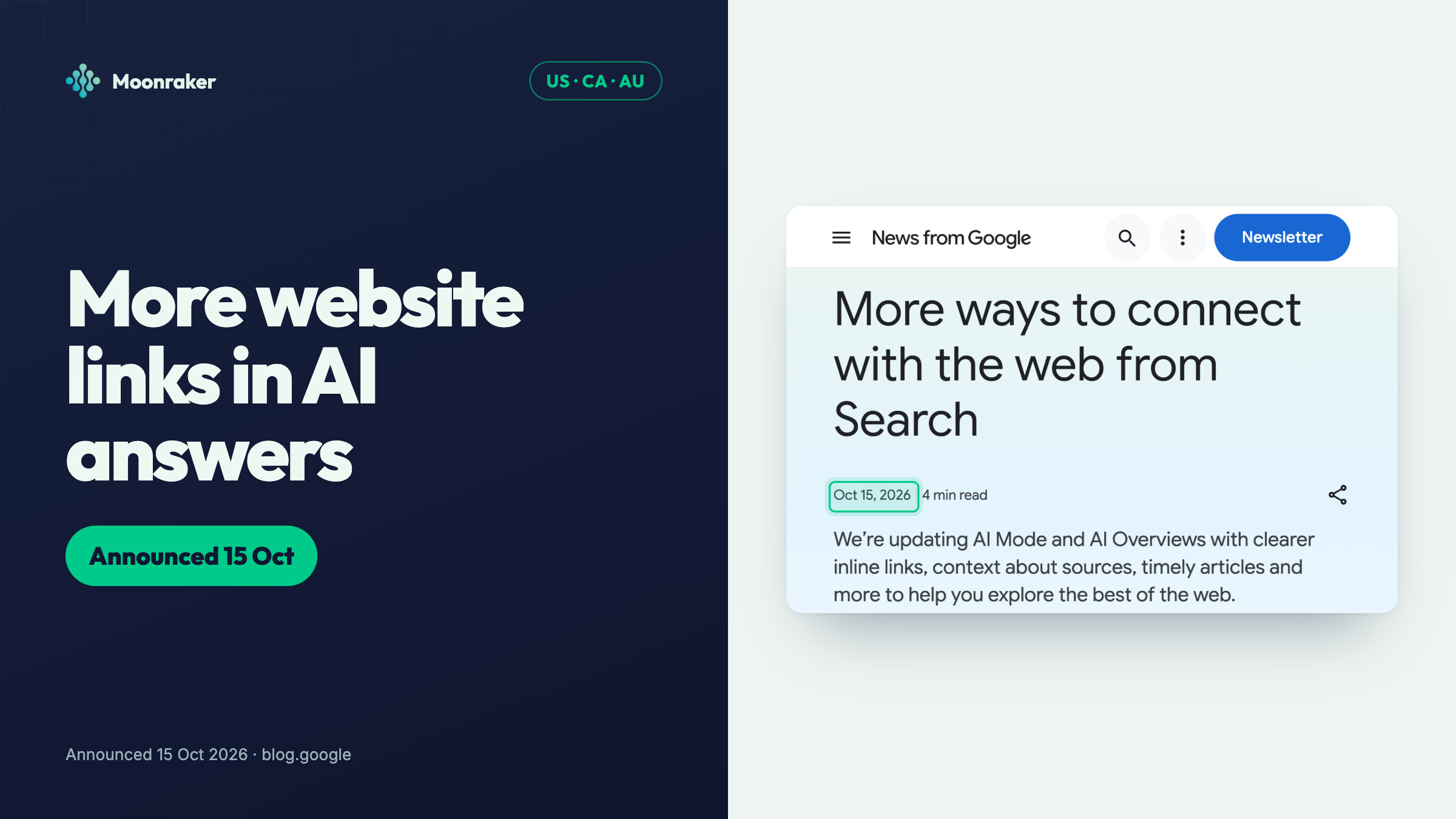 Google's 15 October 2026 announcement, More ways to connect with the web from Search, about links in AI Overviews and AI Mode.